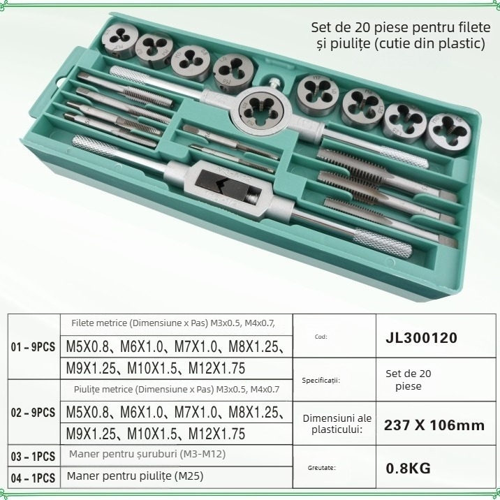Set de 20 piese metric pentru filete (taps și dies)