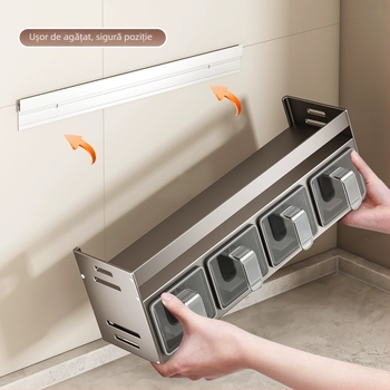 Raft de condimente montat pe perete, fără găuri, din Space Aluminum, depozitare multifuncțională pentru sare și condimente