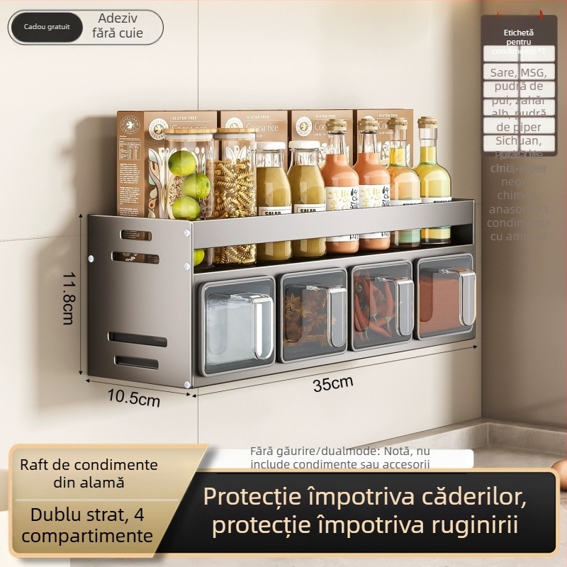 Raft de condimente montat pe perete, fără găuri, din Space Aluminum, depozitare multifuncțională pentru sare și condimente