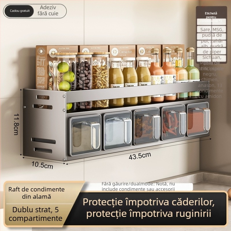 Raft de condimente montat pe perete, fără găuri, din Space Aluminum, depozitare multifuncțională pentru sare și condimente