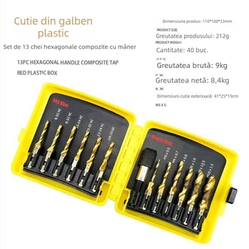 Set de 13 piese pentru găurire și filetare, cu ax hexagonal, oțel rapid, în cutie din plastic