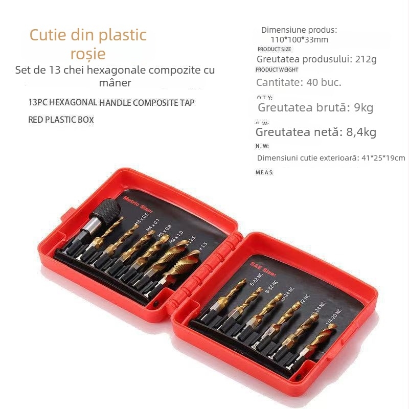Set de 13 piese pentru găurire și filetare, cu ax hexagonal, oțel rapid, în cutie din plastic