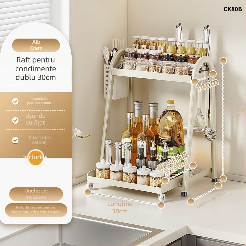 Raft de condimente pentru bucătărie cu extensie – oțel din carbon, fără găuri, organizator cu mai multe niveluri, suport pentru sare — Fengtuo