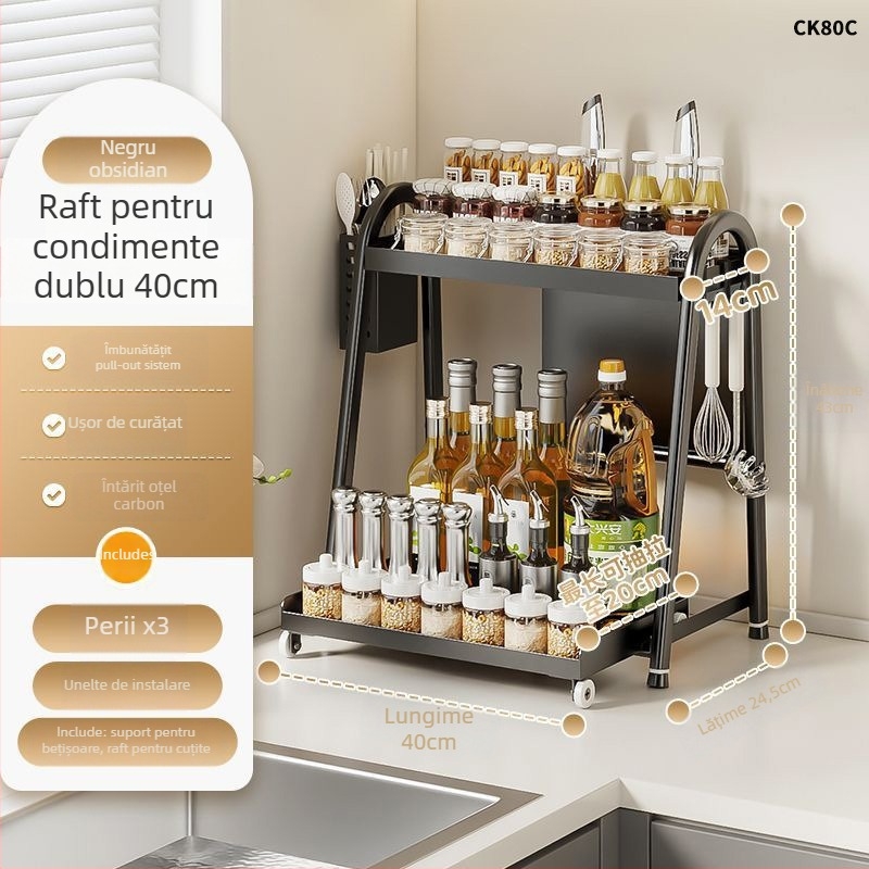 Raft de condimente pentru bucătărie cu extensie – oțel din carbon, fără găuri, organizator cu mai multe niveluri, suport pentru sare — Fengtuo