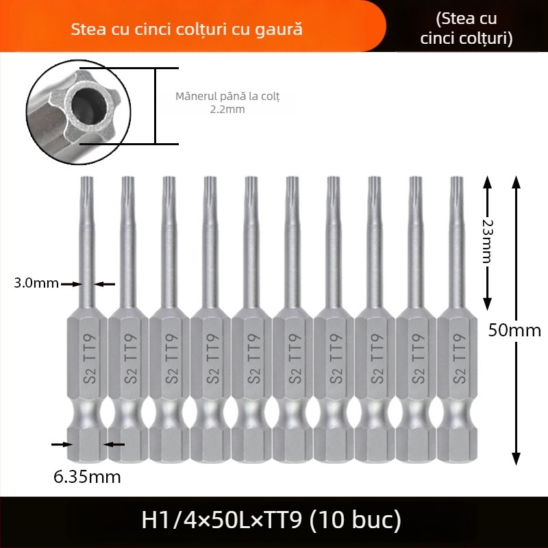 Bit magnetizat pentru șurubelniță, din oțel aliat S2, cap Plum Blossom, 3-10 mm, TT8-TT40