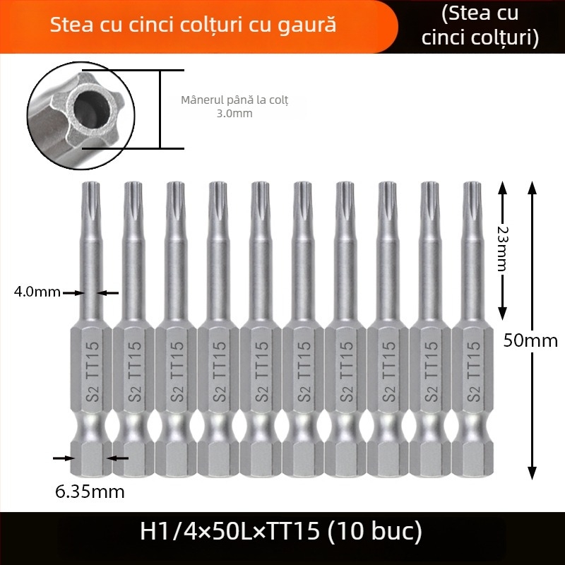 Bit magnetizat pentru șurubelniță, din oțel aliat S2, cap Plum Blossom, 3-10 mm, TT8-TT40