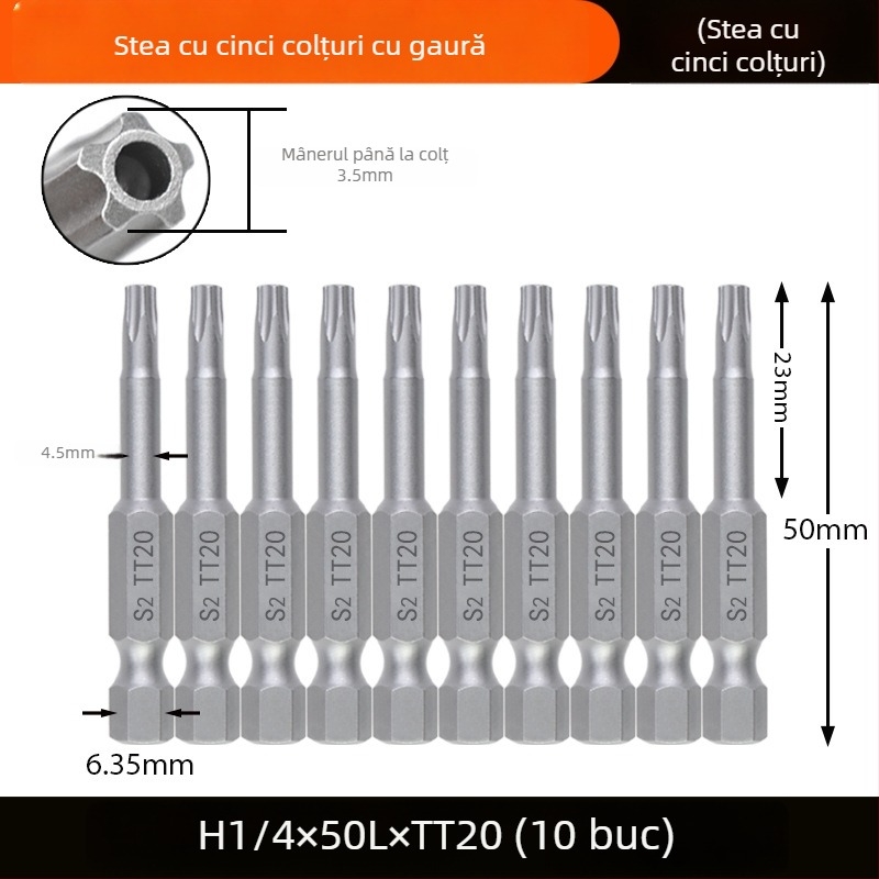 Bit magnetizat pentru șurubelniță, din oțel aliat S2, cap Plum Blossom, 3-10 mm, TT8-TT40