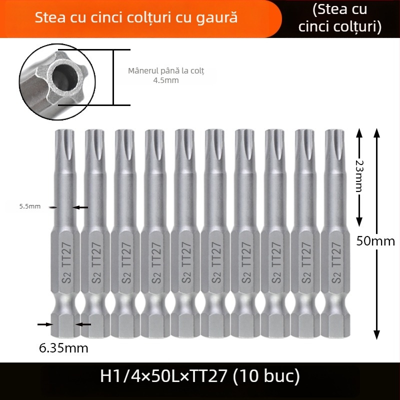 Bit magnetizat pentru șurubelniță, din oțel aliat S2, cap Plum Blossom, 3-10 mm, TT8-TT40
