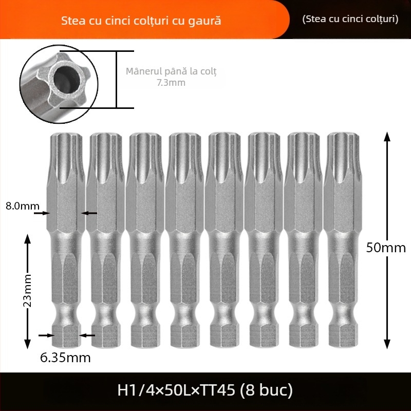 Bit magnetizat pentru șurubelniță, din oțel aliat S2, cap Plum Blossom, 3-10 mm, TT8-TT40