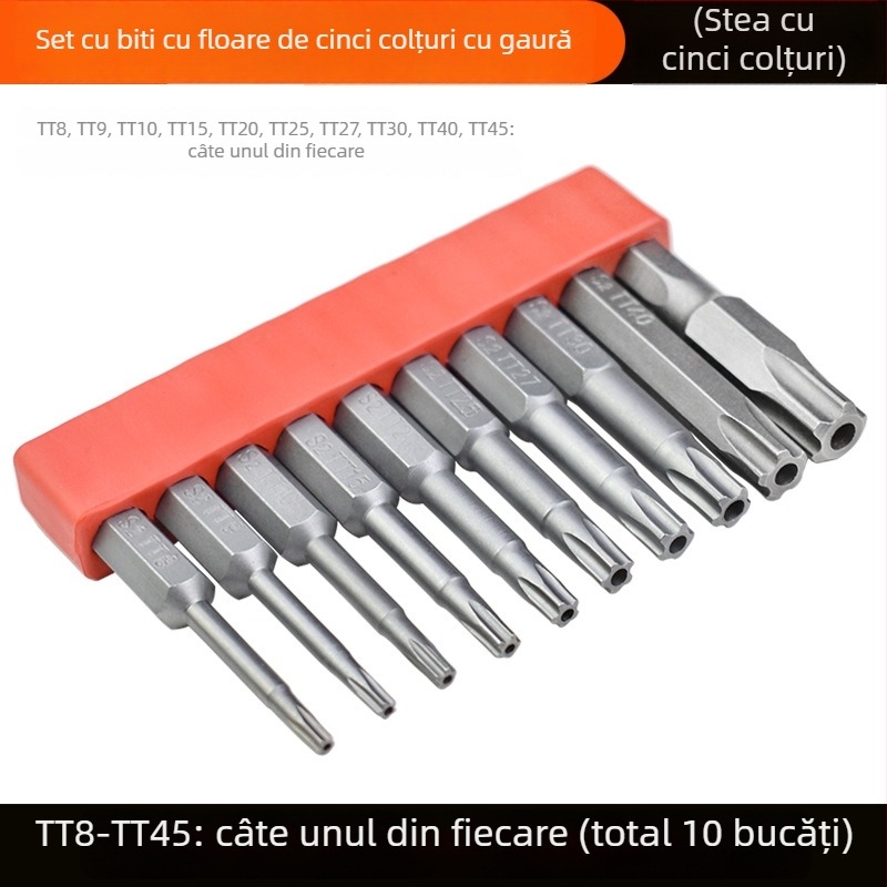 Bit magnetizat pentru șurubelniță, din oțel aliat S2, cap Plum Blossom, 3-10 mm, TT8-TT40