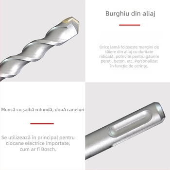 Burghiu cu ciocan electric – Hibiscus Impact; vârf rotund, design prin perete, ax rotund cu două caneluri; material 40Cr+YG8C; potrivit pentru beton, cărămidă, piatră, granit; greutate 50–1550 g