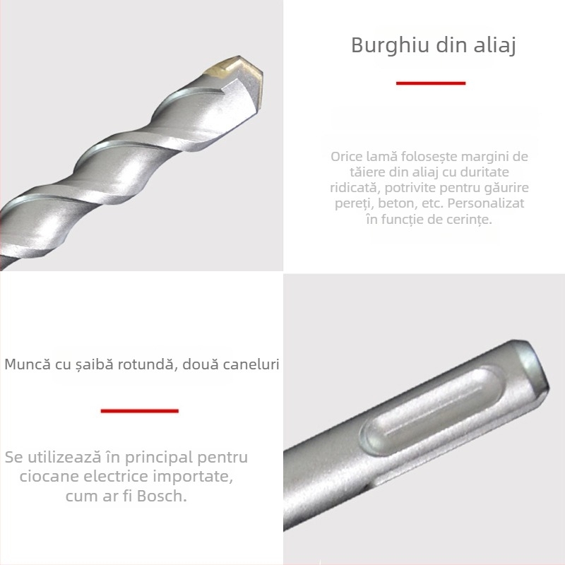 Burghiu cu ciocan electric – Hibiscus Impact; vârf rotund, design prin perete, ax rotund cu două caneluri; material 40Cr+YG8C; potrivit pentru beton, cărămidă, piatră, granit; greutate 50–1550 g