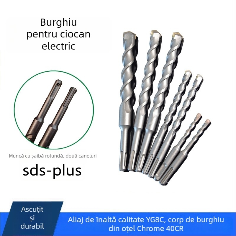 Burghiu cu ciocan electric – Hibiscus Impact; vârf rotund, design prin perete, ax rotund cu două caneluri; material 40Cr+YG8C; potrivit pentru beton, cărămidă, piatră, granit; greutate 50–1550 g