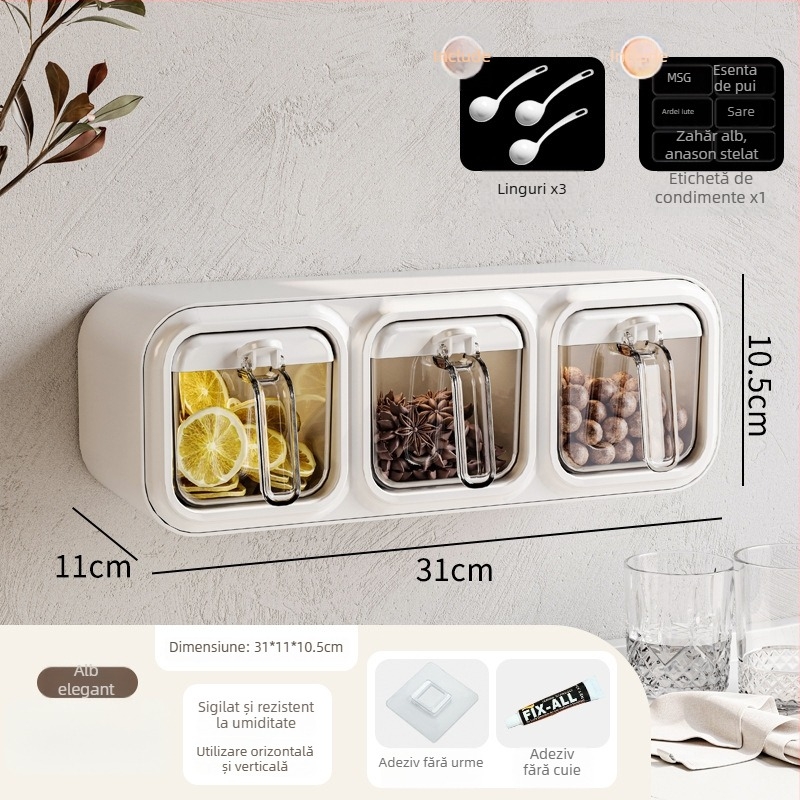 Raft de condimente din plastic cu mai multe compartimente — design modern minimalist, montaj fără găuri (2023)