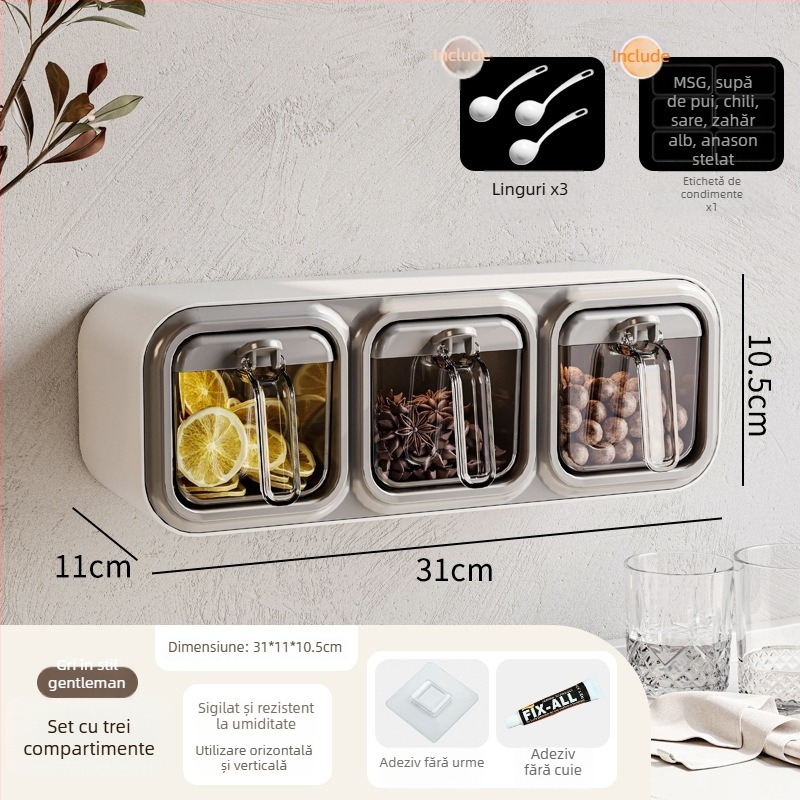 Raft de condimente din plastic cu mai multe compartimente — design modern minimalist, montaj fără găuri (2023)