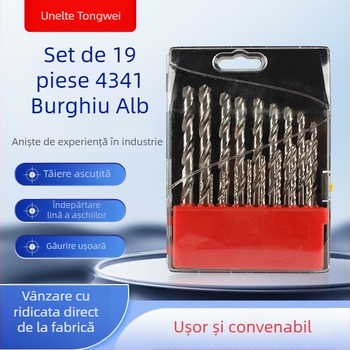 Set burghiu spiral cu tijă dreaptă, 19 buc., 4341 oțel rapid, cutie din plastic