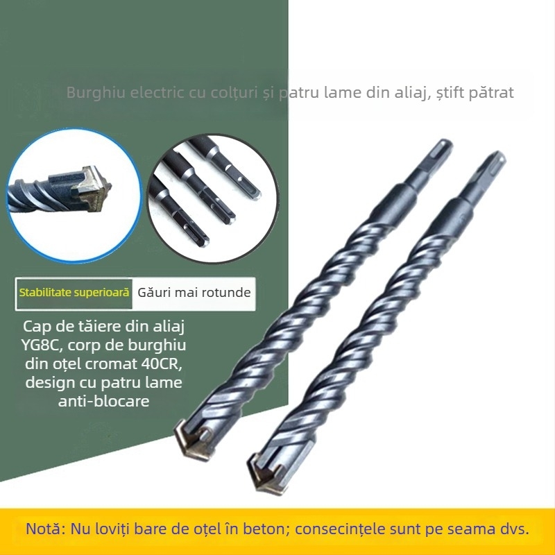 Burghiu de impact electric, cap pătrat, palete patru, ax pătrat, pentru beton, cărămidă, piatră și granit