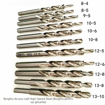 Set de burghie pentru tâmplă cu găuri oblice pentru uși glisante — ax drept, burghie spirală și burghie de tip trepte, din oțel rapid (HSS).