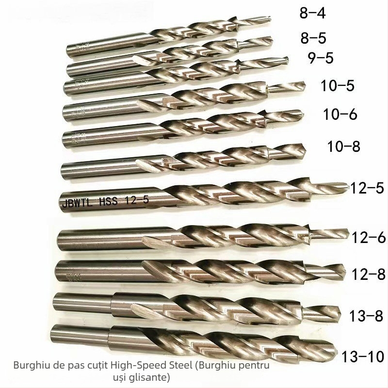 Set de burghie pentru tâmplă cu găuri oblice pentru uși glisante — ax drept, burghie spirală și burghie de tip trepte, din oțel rapid (HSS).