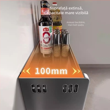 Qianhua Suport pentru condimente montat pe perete, oțel carbon, instalație fără găuri, organizator de bucătărie multifuncțional