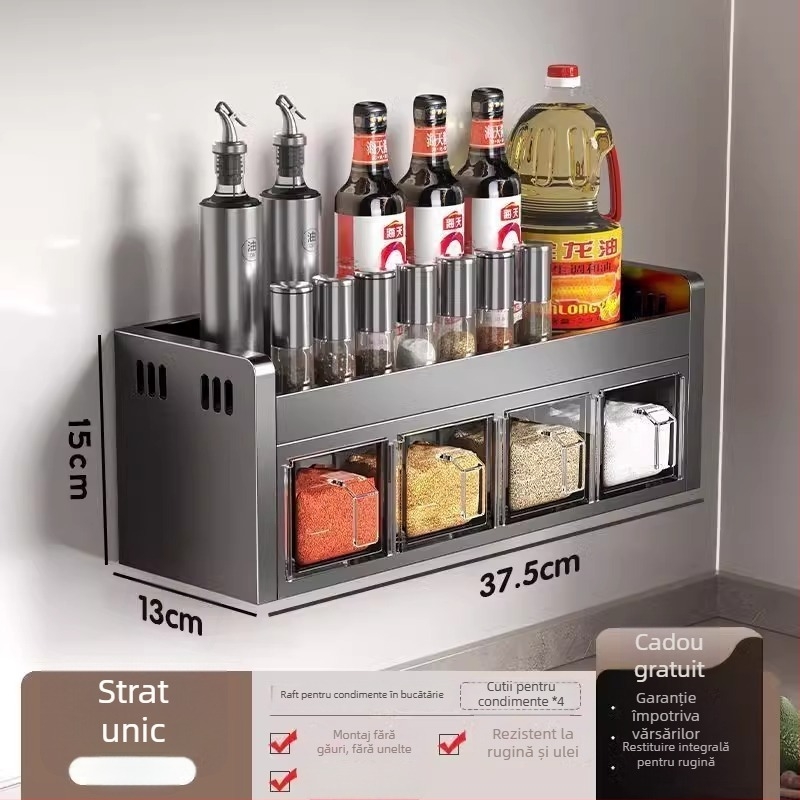Qianhua Suport pentru condimente montat pe perete, oțel carbon, instalație fără găuri, organizator de bucătărie multifuncțional