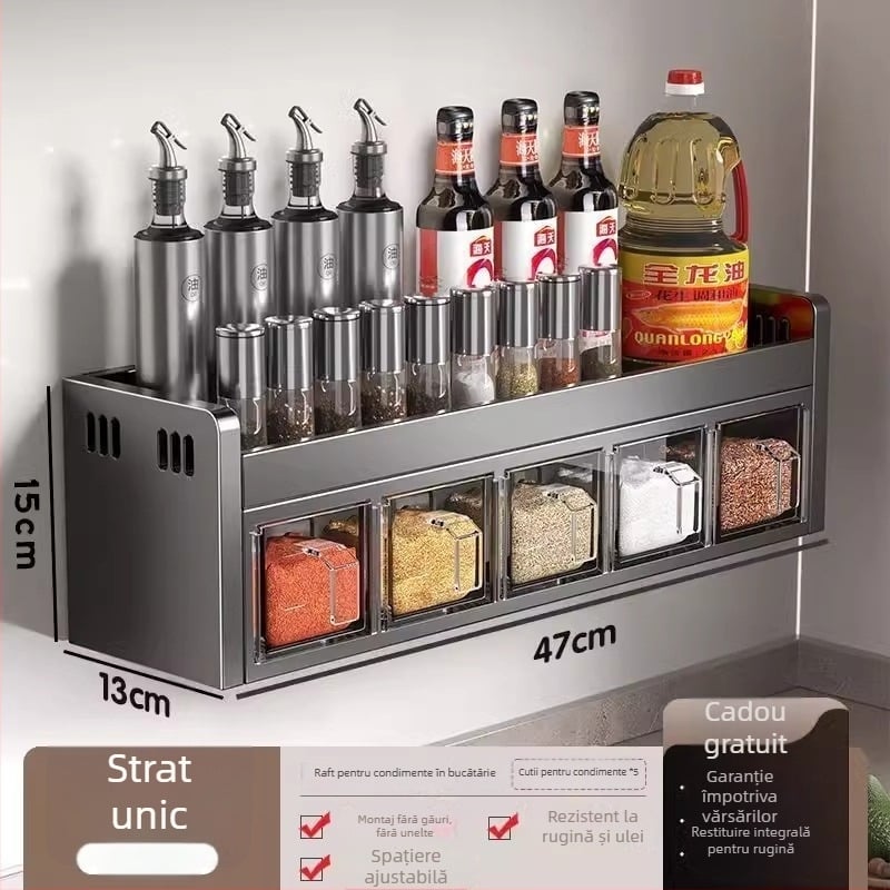 Qianhua Suport pentru condimente montat pe perete, oțel carbon, instalație fără găuri, organizator de bucătărie multifuncțional