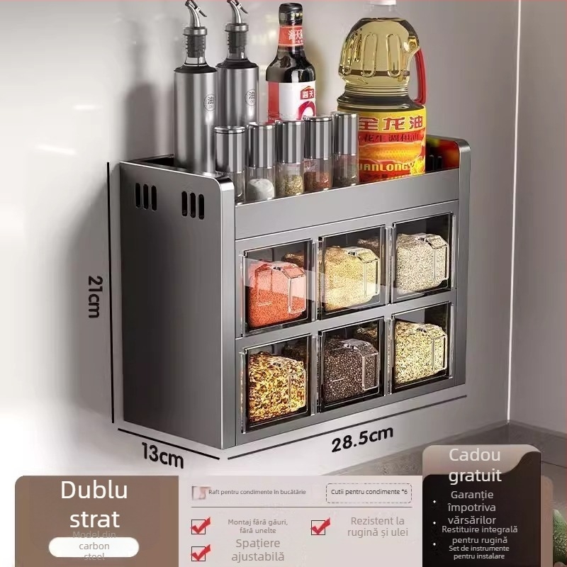 Qianhua Suport pentru condimente montat pe perete, oțel carbon, instalație fără găuri, organizator de bucătărie multifuncțional