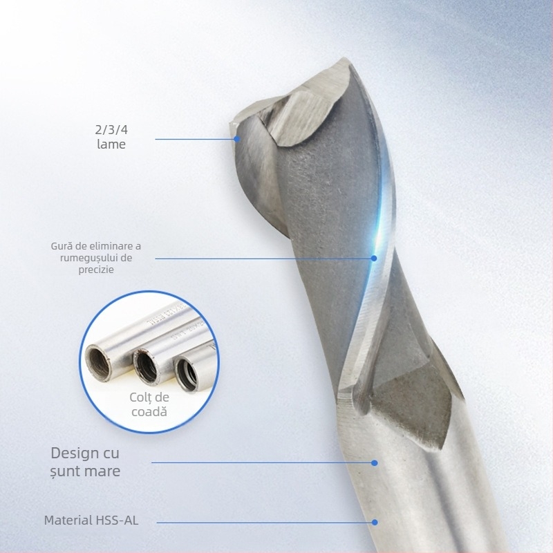Freză verticală cu ax conic, oțel rapid, 2–4 palete, freză caneluri pentru chei, bază plată