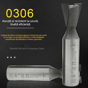 Freză laterală din carbură pentru lemn, tip dovetail, diametru 1/4", 2 fluturi, mandrină Ø3/8", adâncime maximă de tăiere 30 mm