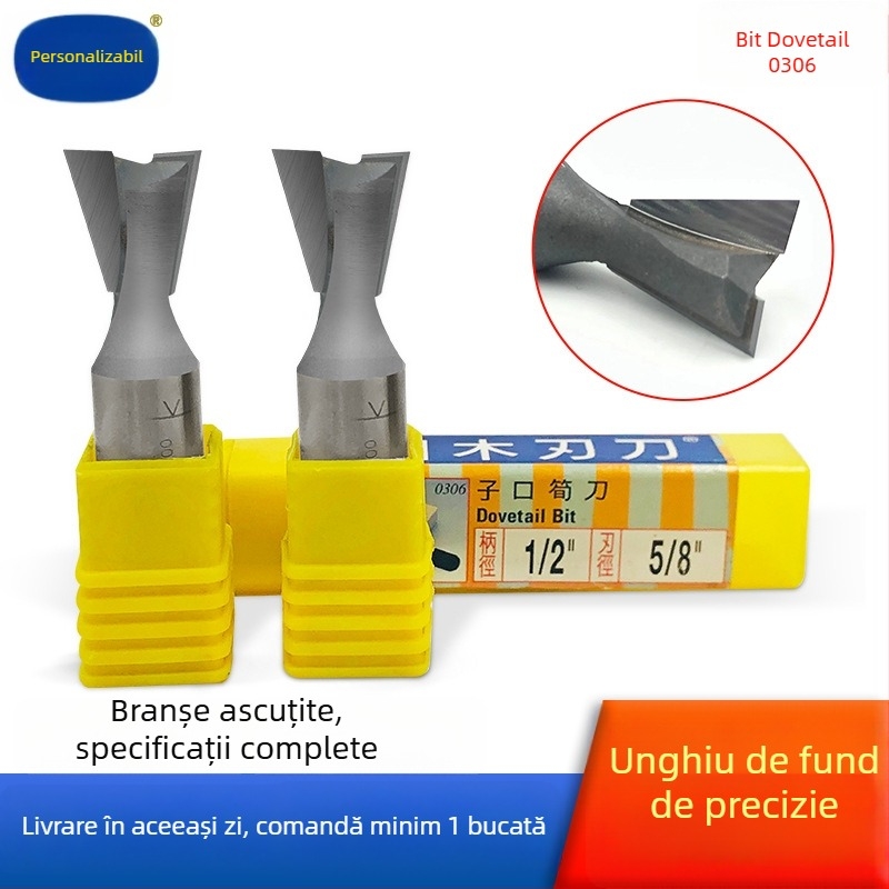 Freză laterală din carbură pentru lemn, tip dovetail, diametru 1/4", 2 fluturi, mandrină Ø3/8", adâncime maximă de tăiere 30 mm