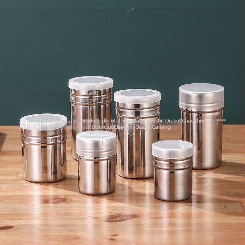 Borcan pentru condimente din oțel inoxidabil cu capac dens din plasă, borcan pentru pudră de piper din oțel 304 pentru condimente solide, imprimare logo și etichetă privată