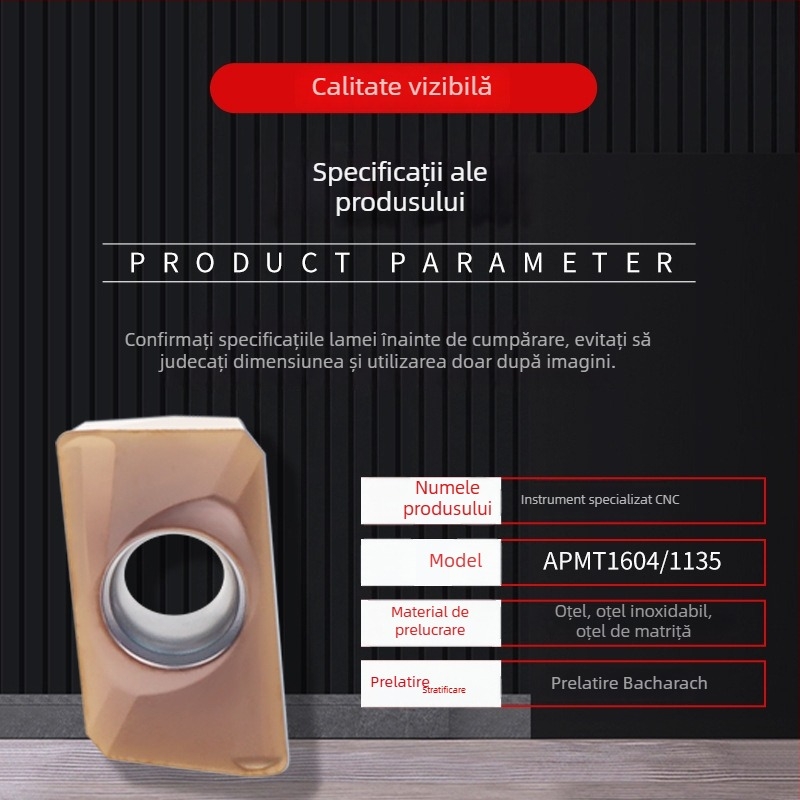 Inserție pentru strung CNC APMT1604/1135, rază R0,8, pentru oțel inoxidabil de înaltă rezistență, diamant cu umăr pătrat (APMT1604PDER-H2 VP15TF)