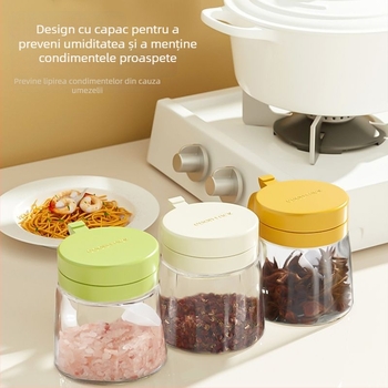 Sticlă de ulei din sticlă și solniță cu linguriță, capac flip-top, rezistentă la căldură, set de depozitare a condimentelor pentru bucătărie