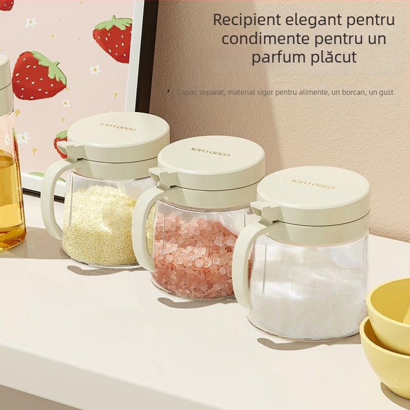 Sticlă de ulei din sticlă și solniță cu linguriță, capac flip-top, rezistentă la căldură, set de depozitare a condimentelor pentru bucătărie