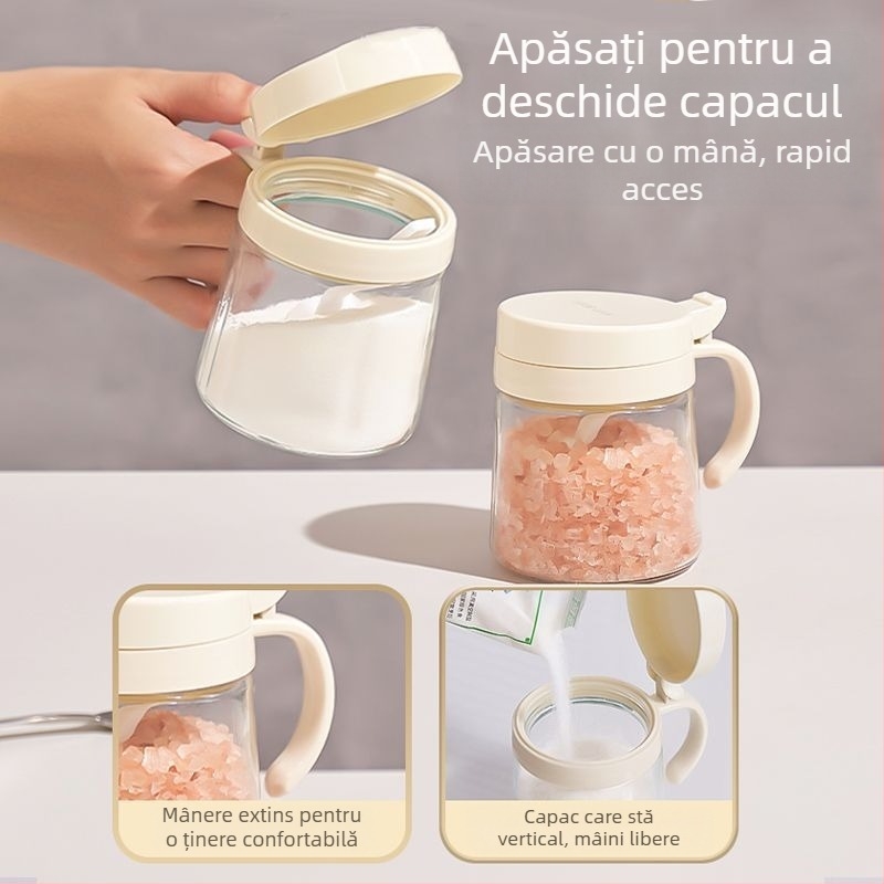 Sticlă de ulei din sticlă și solniță cu linguriță, capac flip-top, rezistentă la căldură, set de depozitare a condimentelor pentru bucătărie