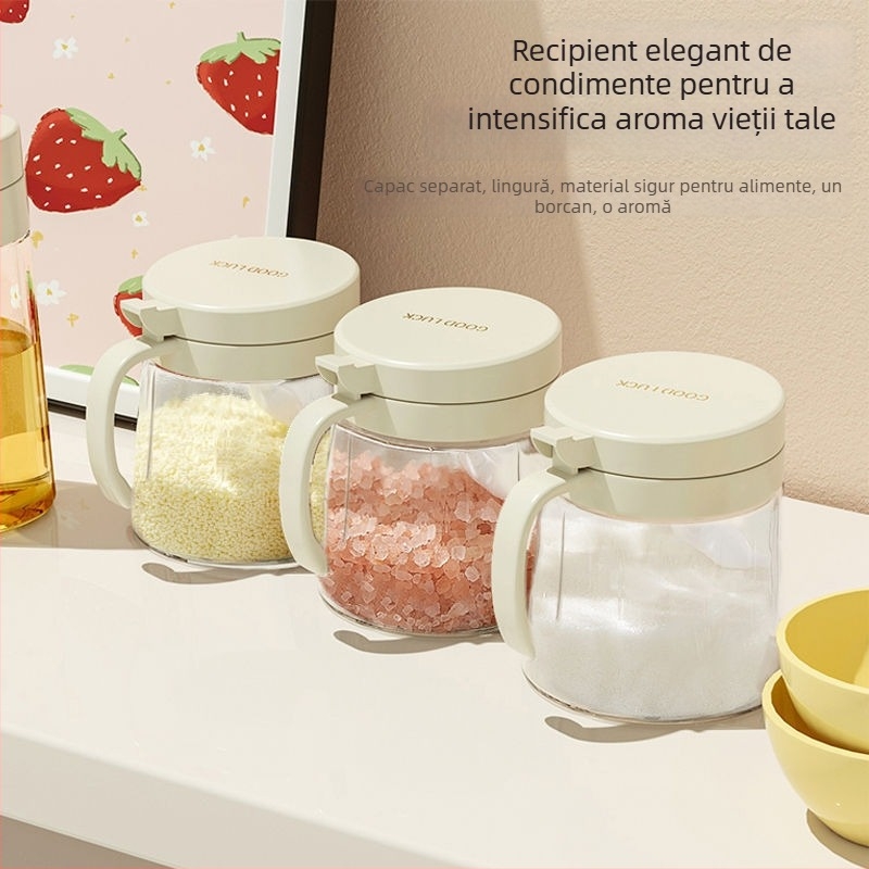 Sticlă de ulei din sticlă și solniță cu linguriță, capac flip-top, rezistentă la căldură, set de depozitare a condimentelor pentru bucătărie