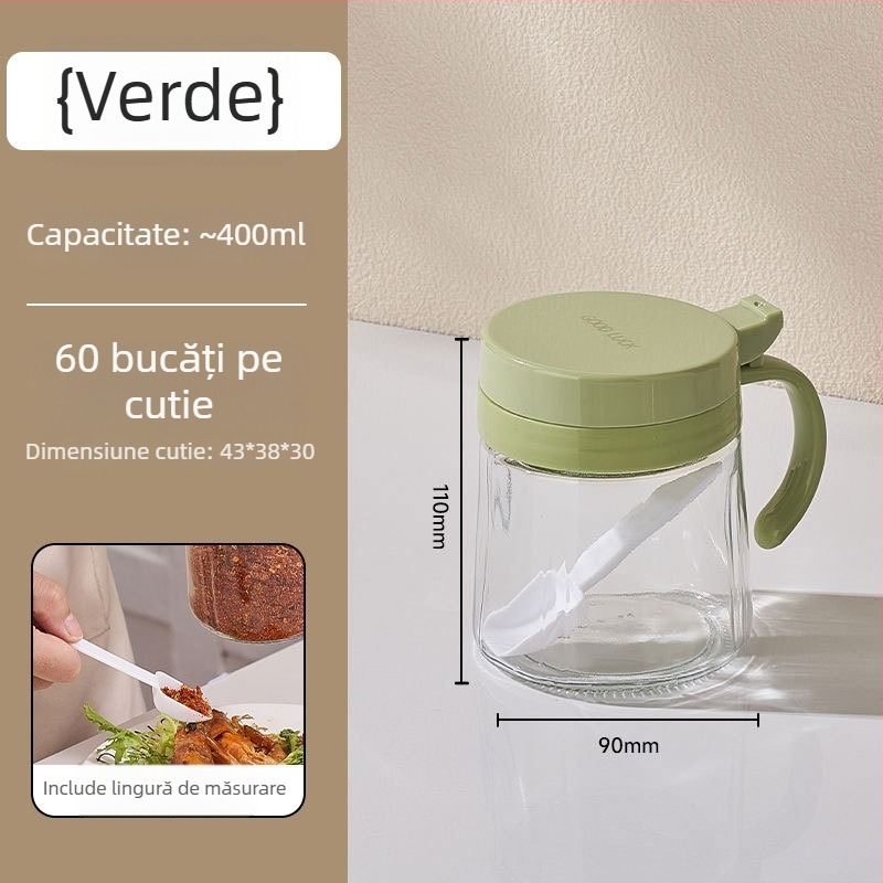 Sticlă de ulei din sticlă și solniță cu linguriță, capac flip-top, rezistentă la căldură, set de depozitare a condimentelor pentru bucătărie