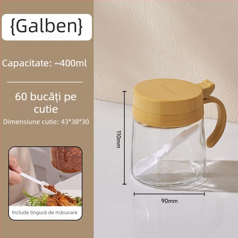 Sticlă de ulei din sticlă și solniță cu linguriță, capac flip-top, rezistentă la căldură, set de depozitare a condimentelor pentru bucătărie