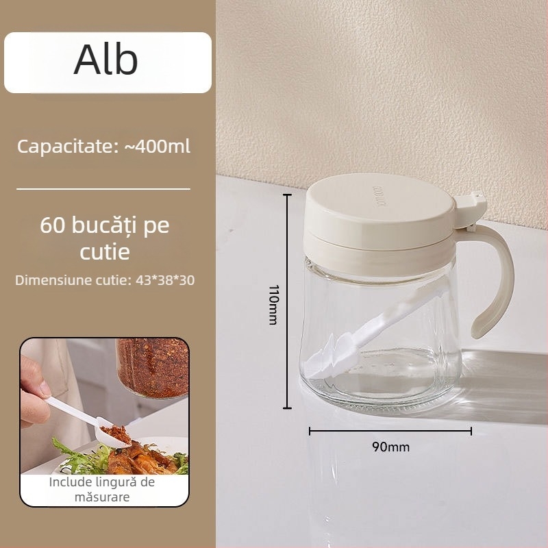 Sticlă de ulei din sticlă și solniță cu linguriță, capac flip-top, rezistentă la căldură, set de depozitare a condimentelor pentru bucătărie