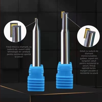 Freză de gravură cu diamant pentru frezare, vârf PCD, corp din aliaj cupru-aluminiu, tăiere cu două muchii, suprafață oglindă acrilică