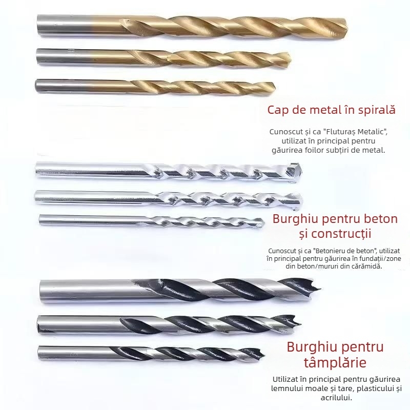 Set de 9 burghie cu șaft drept pentru găuri în fier, ciment și lemn – set mixt pentru tâmplărie