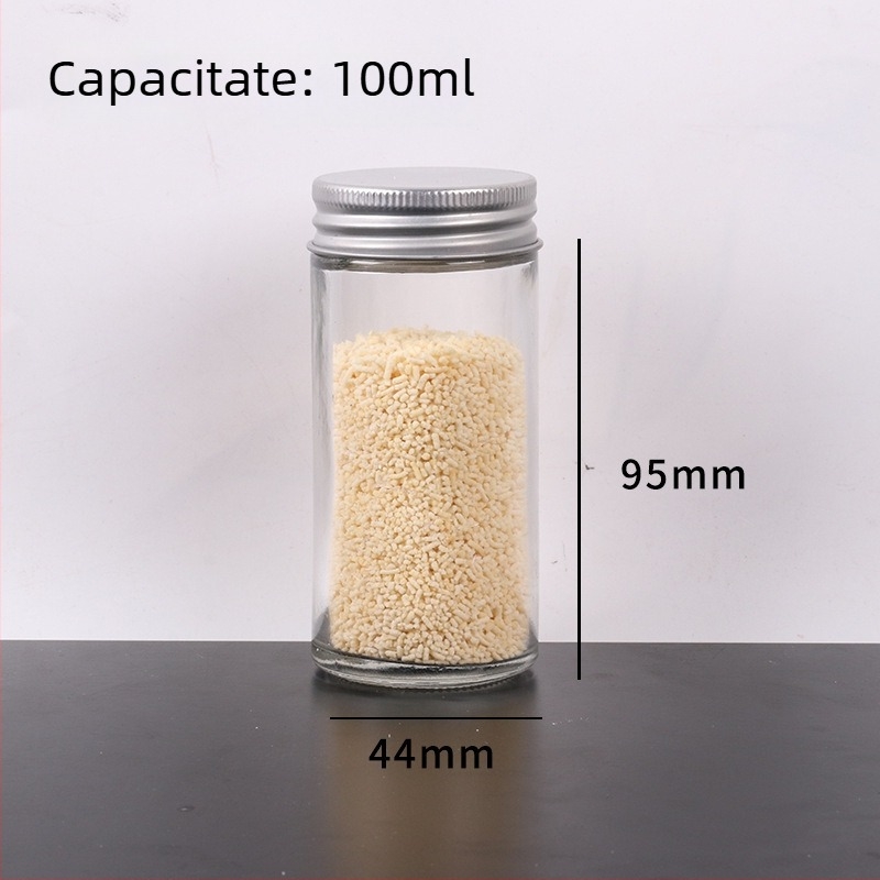 Recipient rotund din sticlă pentru condimente, 100 ml, bucătărie, dozator transparent cu mai multe găuri pentru pudră de ardei