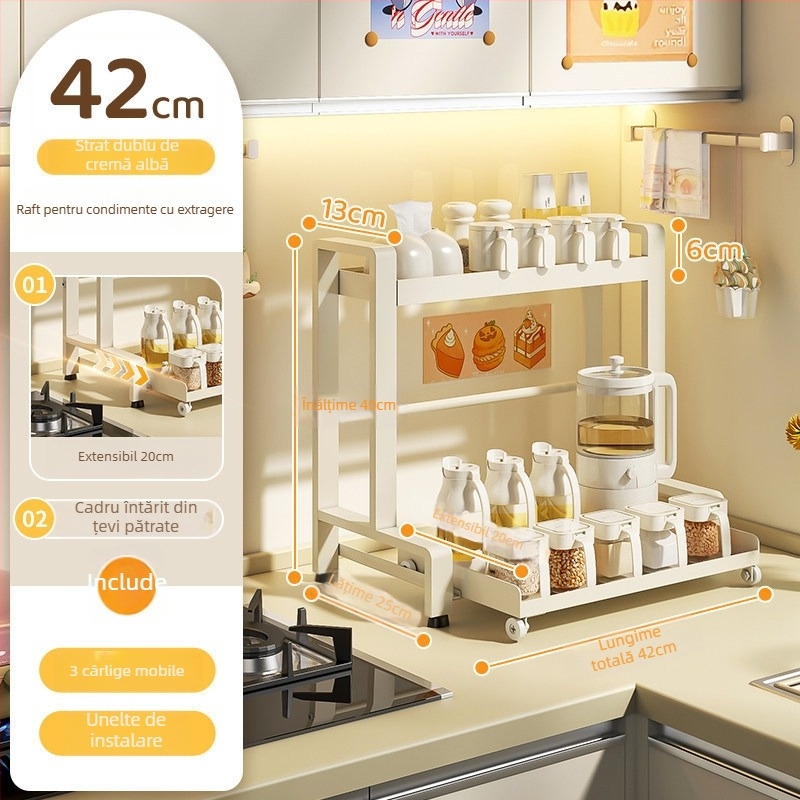 Raft de condimente pentru bucătărie, glisant, cu două etaje, din oțel carbon, montaj fără găuri