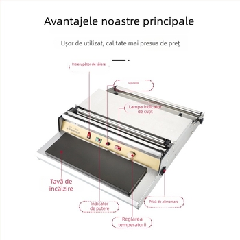 Mașină de sigilat și tăiat folie alimentară pentru fructe și legume, operare manuală, lățime sigilare 45 cm, control temperatură 50–130°C, potrivit pentru fructe, legume și carne