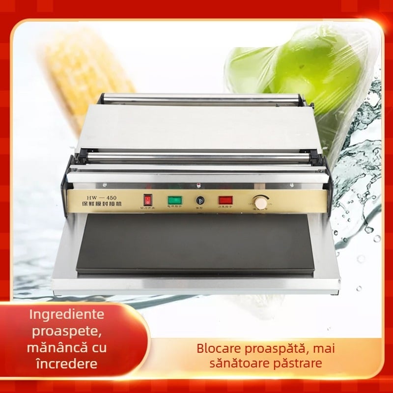 Mașină de sigilat și tăiat folie alimentară pentru fructe și legume, operare manuală, lățime sigilare 45 cm, control temperatură 50–130°C, potrivit pentru fructe, legume și carne