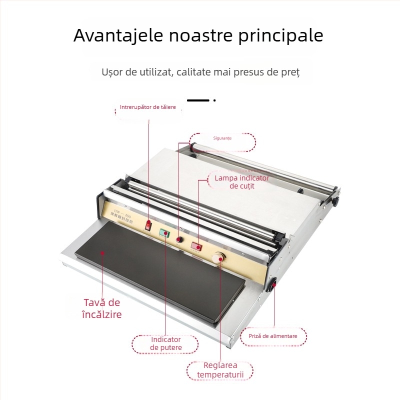 Mașină de sigilat și tăiat folie alimentară pentru fructe și legume, operare manuală, lățime sigilare 45 cm, control temperatură 50–130°C, potrivit pentru fructe, legume și carne