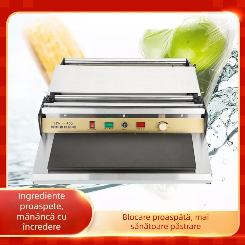 Mașină de sigilat și tăiat folie alimentară pentru fructe și legume, operare manuală, lățime sigilare 45 cm, control temperatură 50–130°C, potrivit pentru fructe, legume și carne