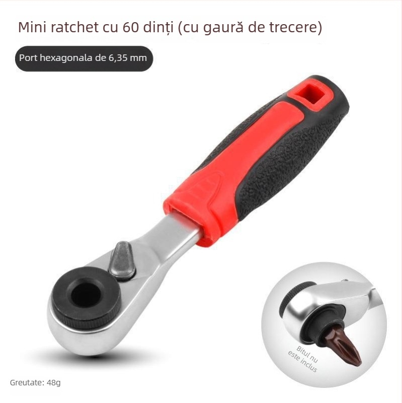 Cheie cu ratchet mini cu suport magnetic pentru bituri — oțel Cr-V, 1 bucată, 60 g, seria Mini Ratchet, Shimon