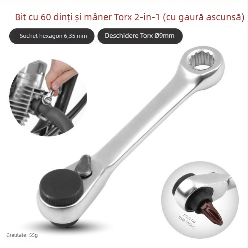 Cheie cu ratchet mini cu suport magnetic pentru bituri — oțel Cr-V, 1 bucată, 60 g, seria Mini Ratchet, Shimon