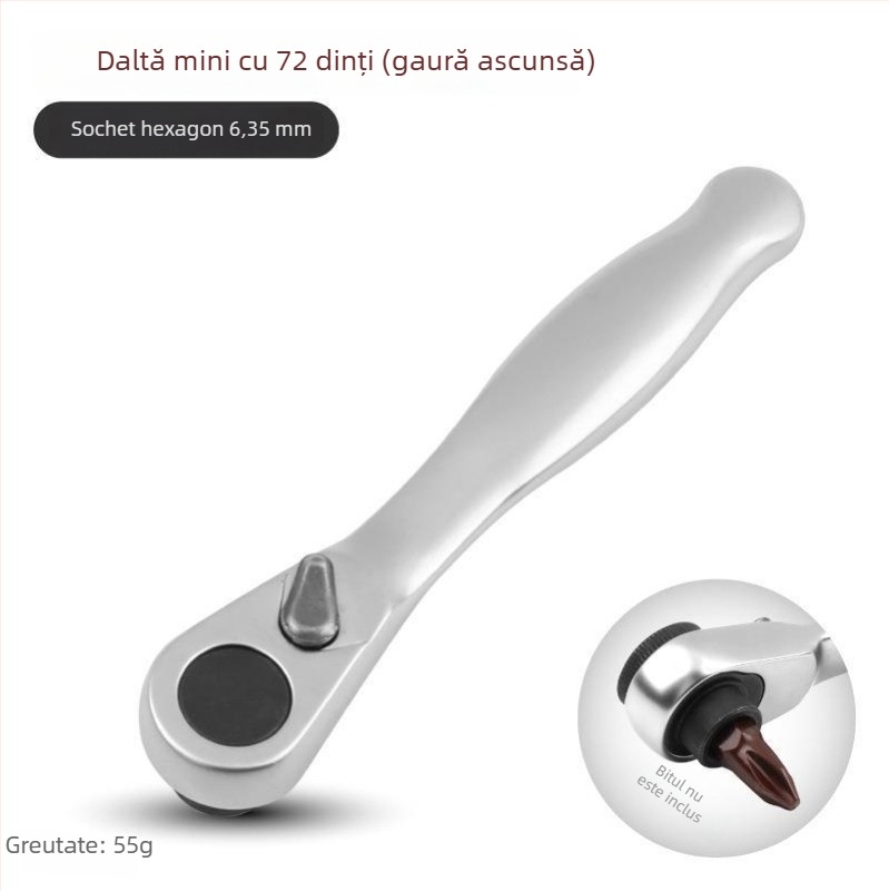 Cheie cu ratchet mini cu suport magnetic pentru bituri — oțel Cr-V, 1 bucată, 60 g, seria Mini Ratchet, Shimon
